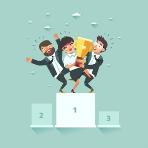 Successful business teamwork and cooperation concept. Three businessmen standing together on the winners podium with award. Vector illustration in flat style